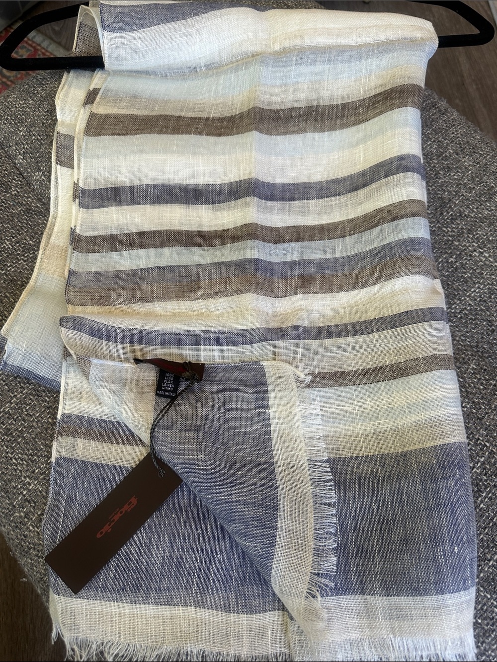 NWT Fiorio Milano Italian Luxury 100% Striped Linen Scarf